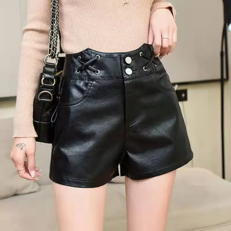 Fashion skinny leather shorts women clothing plus size 2xl women's black high waist shorts 2023 new spring tight short pants