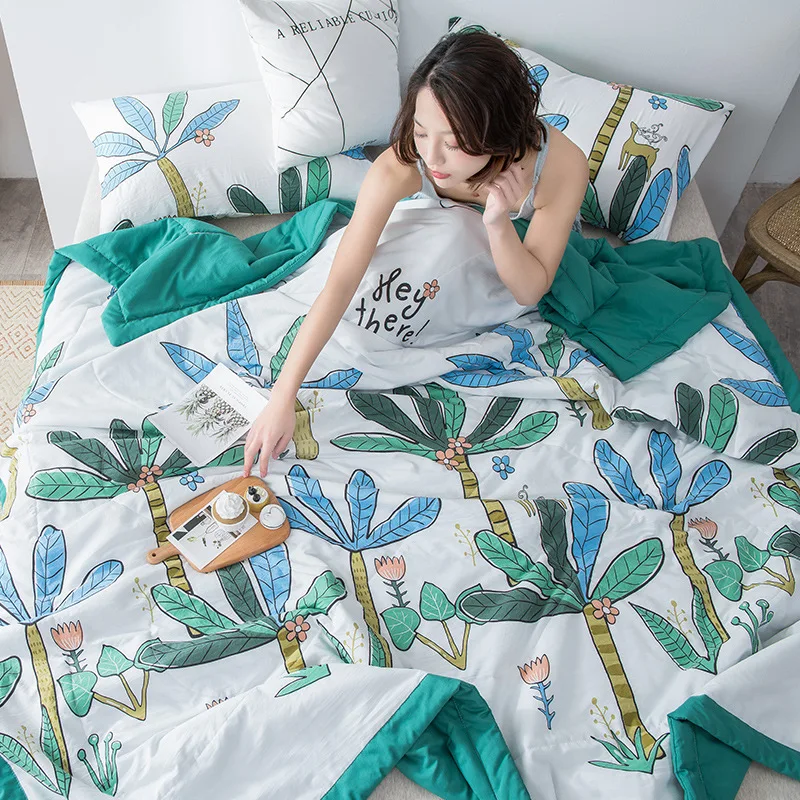 

Washed Cotton Summer Quilt Plant Printing Quilt For Two Thin Quilt Machine Washable Ins Style Home Bedding