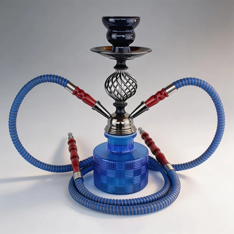 hookah Hollow Metal Stand Double Hose Hookah, Thickened Checkered Glass Arabic Hookah Complete Set, Shisha Smoking Set