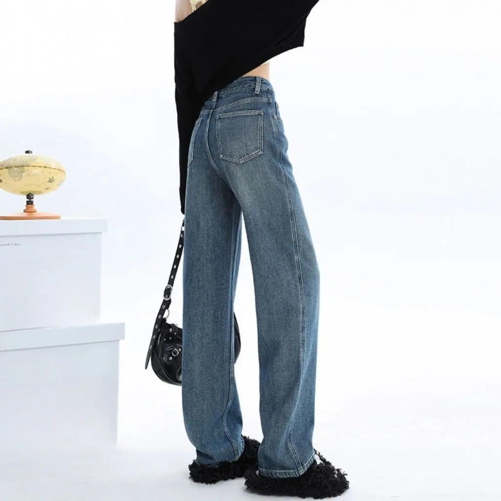 

Прямые джинсы на флисовой подкладке для женщин, утолщенные теплые брюки с высокой талией, широкие брюки грушевидной формы на осень-зиму