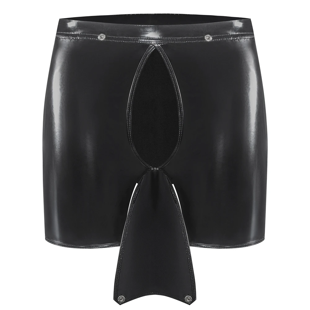 Men's Smooth and Sexy PVC Leather Underwear Latex Erotic Men's Shorts U-shaped Front Open Gay Underwear Expansion Boxer Shorts