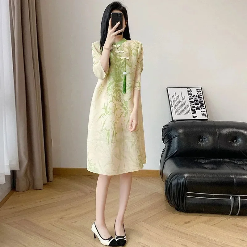 

Spring and Summer Fashion Lssey Miyake Loose Pleated Dress Chinese National Style Retro Cheongsam Skirt Loose Women's Dress New