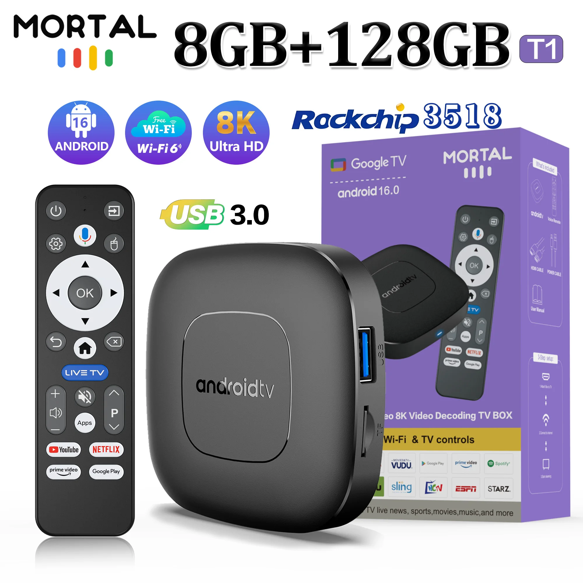 

2025 New T1 Smart TV Box 8GB 128GB Android 16 ATV RK3518 Google Assistant 8K Video 4k HD Media Player Very Fast Set Top Box BT5.