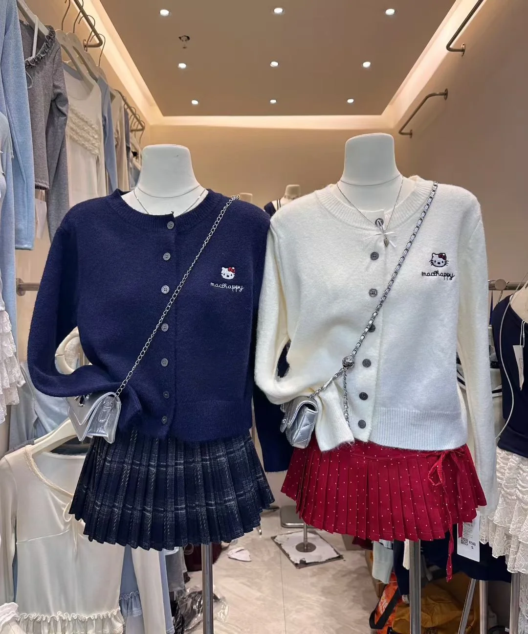 Bonito desenho animado KT bordado redondo Ne casual malha aberta cardigan feminino top coreano sle longo sve ajuste regular outono wi...