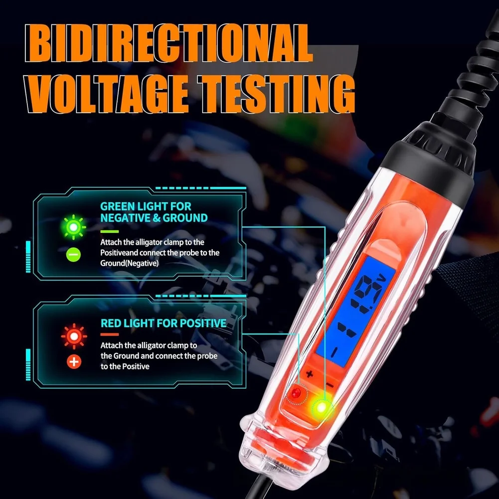 Automotive Circuit Tester with Backlit LCD and LED Indicators for Voltage Detection in Cars Trucks and Motorcycles