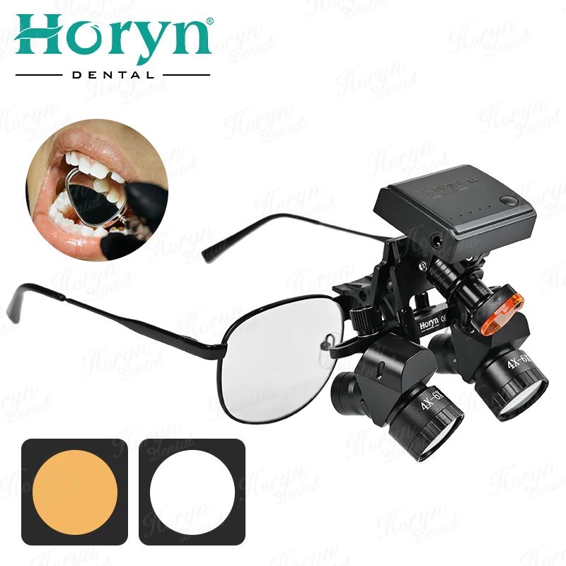 Horyn den tal Ergo Metal Loupes Head-mounted 4X-6X Magnifying Glass Corner 45 Degree 5W Headlight 300-600mm Distance Adjustable