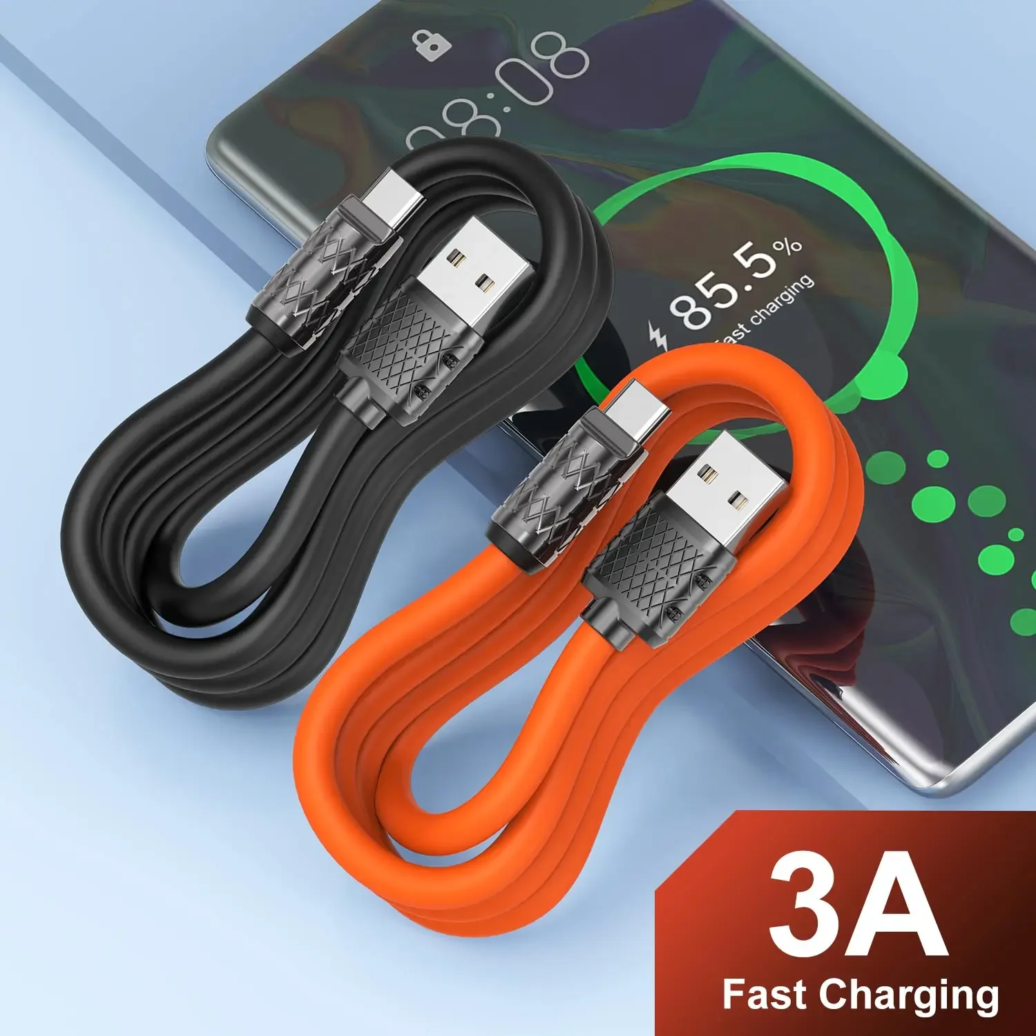 

3A USB Type C Cable Bold Liquid Silicone Fast Charging 5A Max Data Cord for Huawei P40 Xiaomi 14 Redmi 13 Oneplus POCO