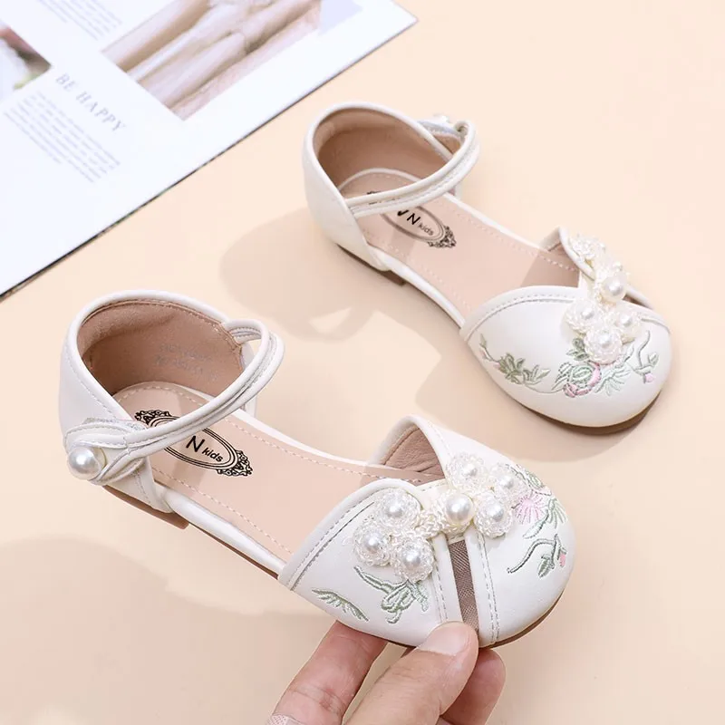 Kids'Casual Shoes Sandals Fashion Pearl Embroidery PU Leather Summer Velcro Shoes For Girls Anti-slip White Pink Size 26-37