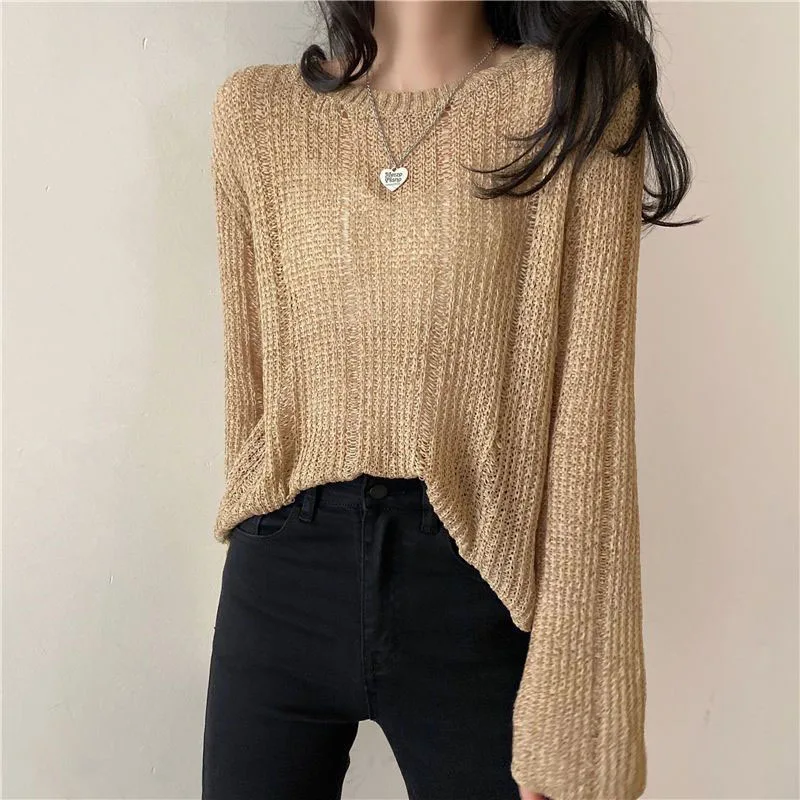 Xpqbb Thin Knitted Sweater Women Solid Color Vintage Long Sleeve Pullover Woman Casual All-Match Hollow Out O-Neck Jersey Jumper