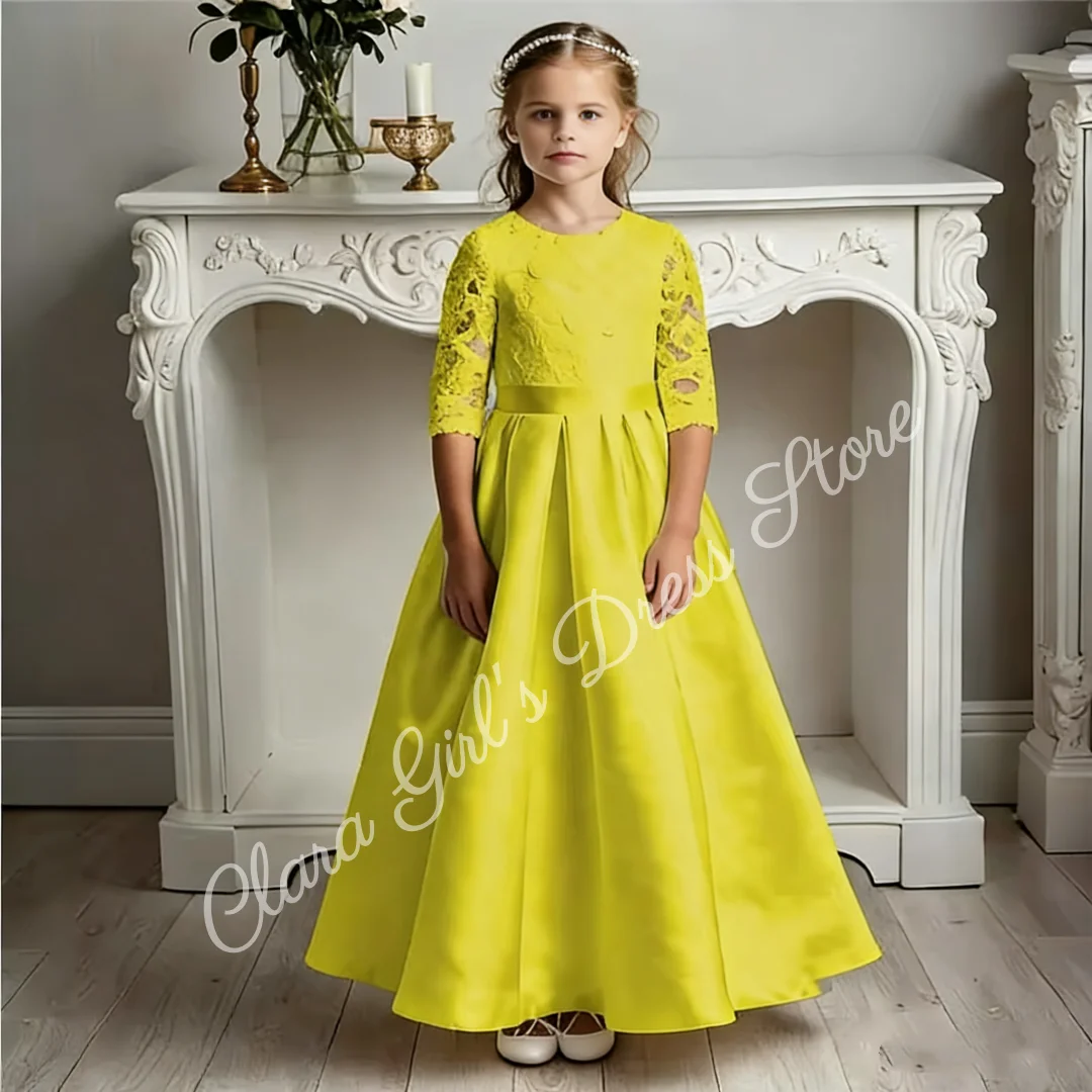 First Communion Dress Cute Little Flower Girl Dress Custom Satin with Lace Prints and Bows Children's Birthday Party Dress