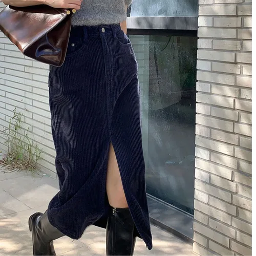 슬림핏 반신 스커트 여성용 겨울철 슬림핏 코듀로이 허리높은 백합핏 스커트 여성용 슬림핏 코듀로이 허리높은 스커트 반신 스커트 