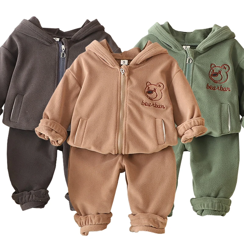 Herbst Winter Baby Jungen Warme Kleidung Set Dicke Fleece Cartoon Bär Zipper Mit Kapuze Jacke Hosen 2Pc Für 1-5 jahre Mädchen Sport Anzug