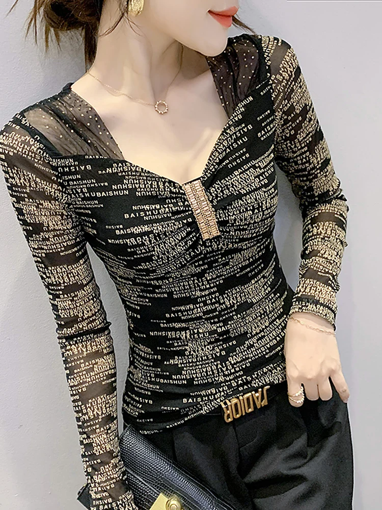 Damen Fce Lined Me Base irt Slim Fit Long Sve V Ne T irt Frühling Herbst Faionable bedrucktes Innenoberteil