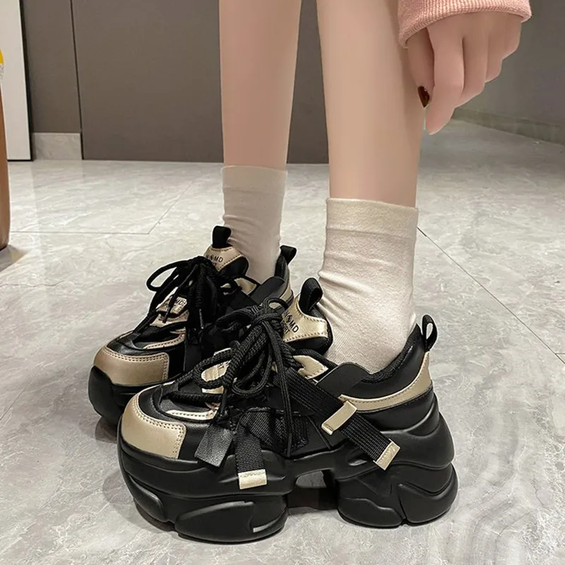 Autumn Winter Women Chunky Warm Fur Sneakers 8CM High Platform Sports Dad Shoes Woman Leather Casual Snow Shoes Zapatillas Mujer