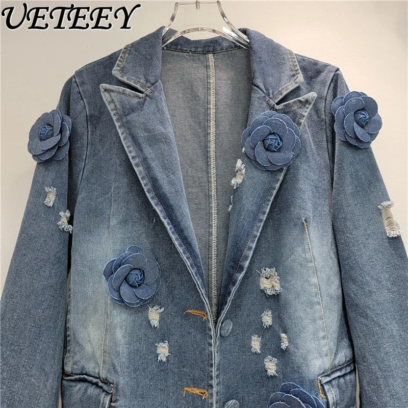 Fashionable Minority Flower Decoration Loose Profile Denim Suit Jacket for Women Female Autumn New Long Sleev Blue Jean Coat