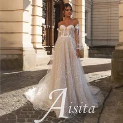 Vestidos De novia De línea a sin tirantes con escote Corazón, Espalda descubierta, mangas abullonadas, tul con lunares brillantes, Sexy, 2024