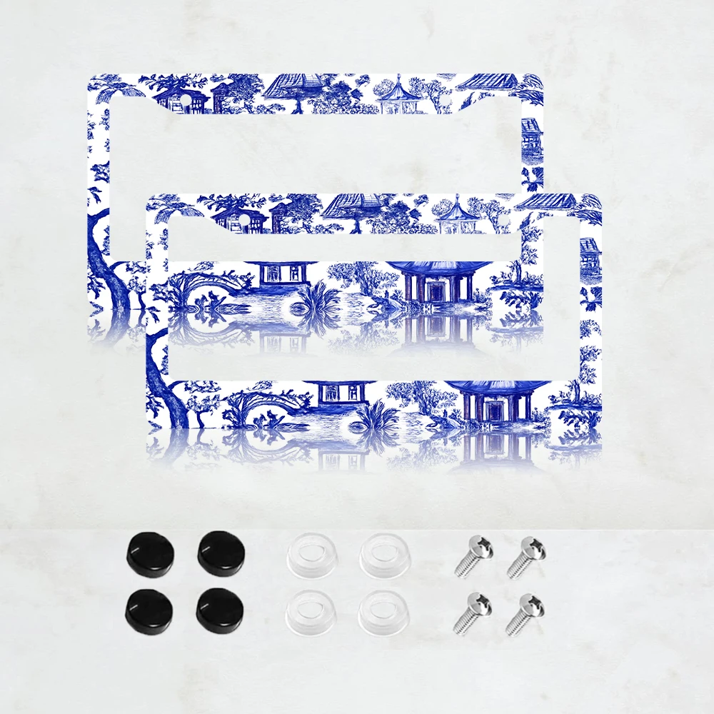 

2 шт. рамки для номерных знаков с 2 отверстиями, сине-белый восточный дизайн, алюминий, 6x12 дюймов, с винтами, американский стандартный размер