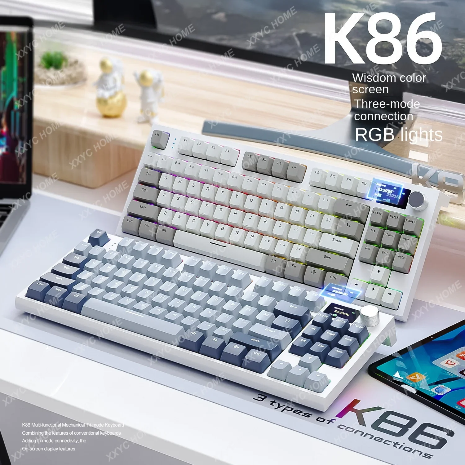 With Display Screen and Volume Rotary Button for Games and Work K86 Wireless Hot-Swappable Mechanical Keyboard Bluetooth/2.4g