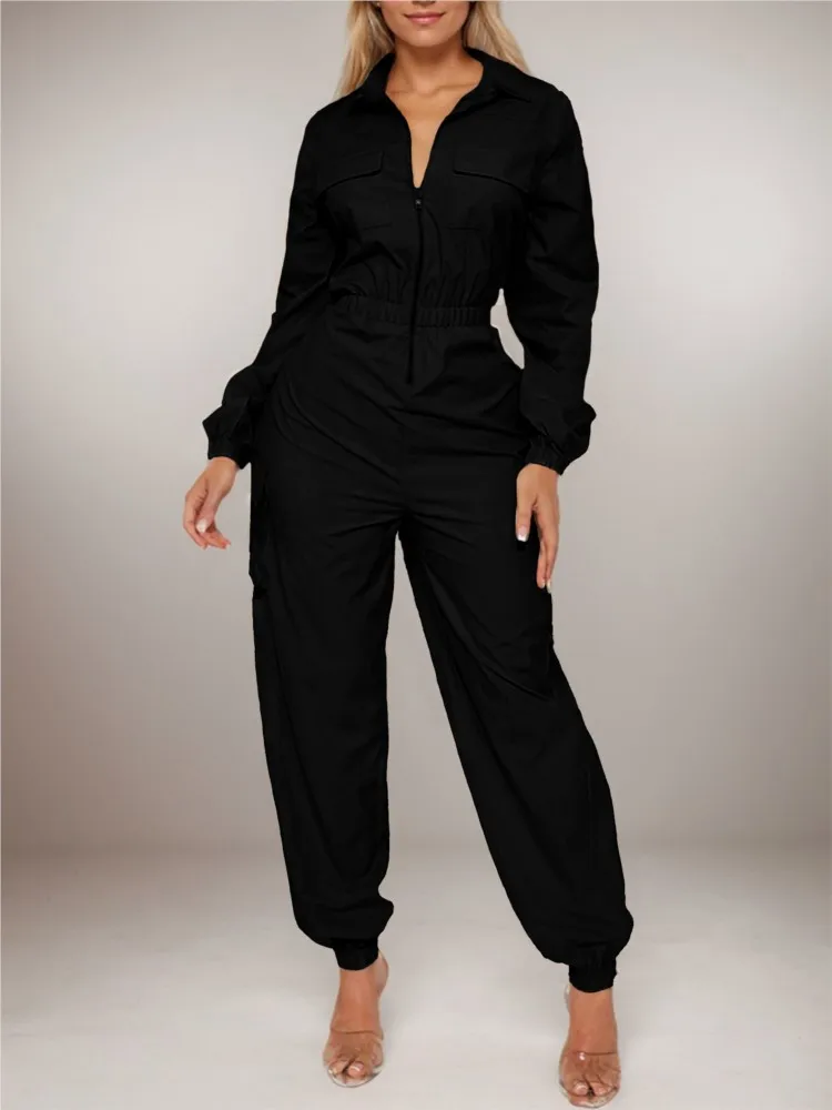 Work Jumpsuit Women\'s Pocket Elastic Waist Zipper Jumpsuit New Style Autumn Fashion Elegant Casual Long Sleeve Jumpsuits