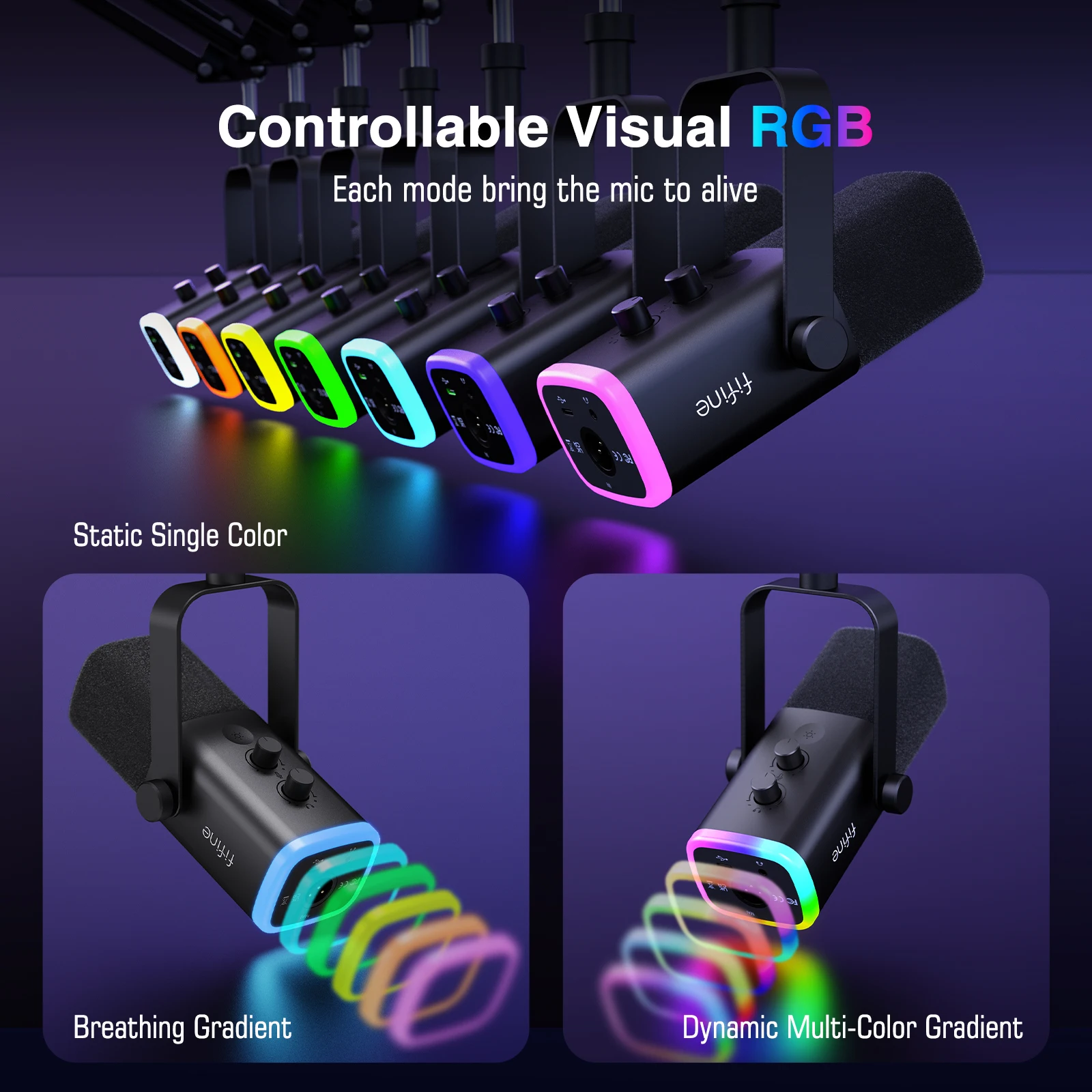 FIFINE-Kit de micrófono dinámico XLR con brazo Boom para mezclador, juego de micrófono USB para juegos con RGB, Control de volumen para PC PS5/4