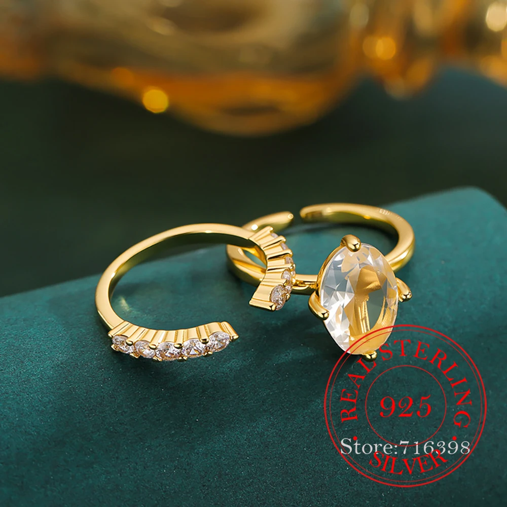 

925 Sterling Silver Jewelry Zircon Crystal Stacked Ovals Finger Rings for Women Wedding Party Jewelry for Girls Friend Gift