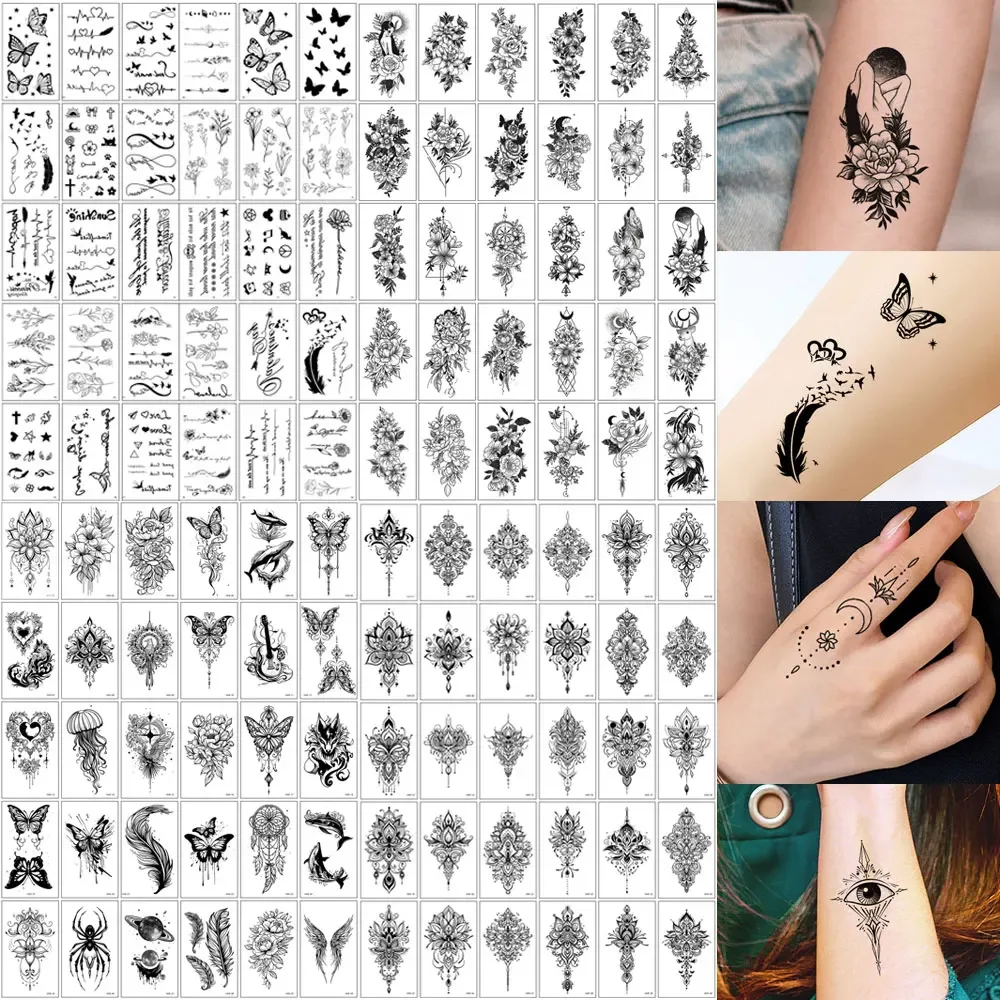 

30Pcs Black Flower Tattoo Stickers Butterfly Rose Moon Star Small Temporary Tattoos Mandala Fake Tattoo for Hand Body Chest