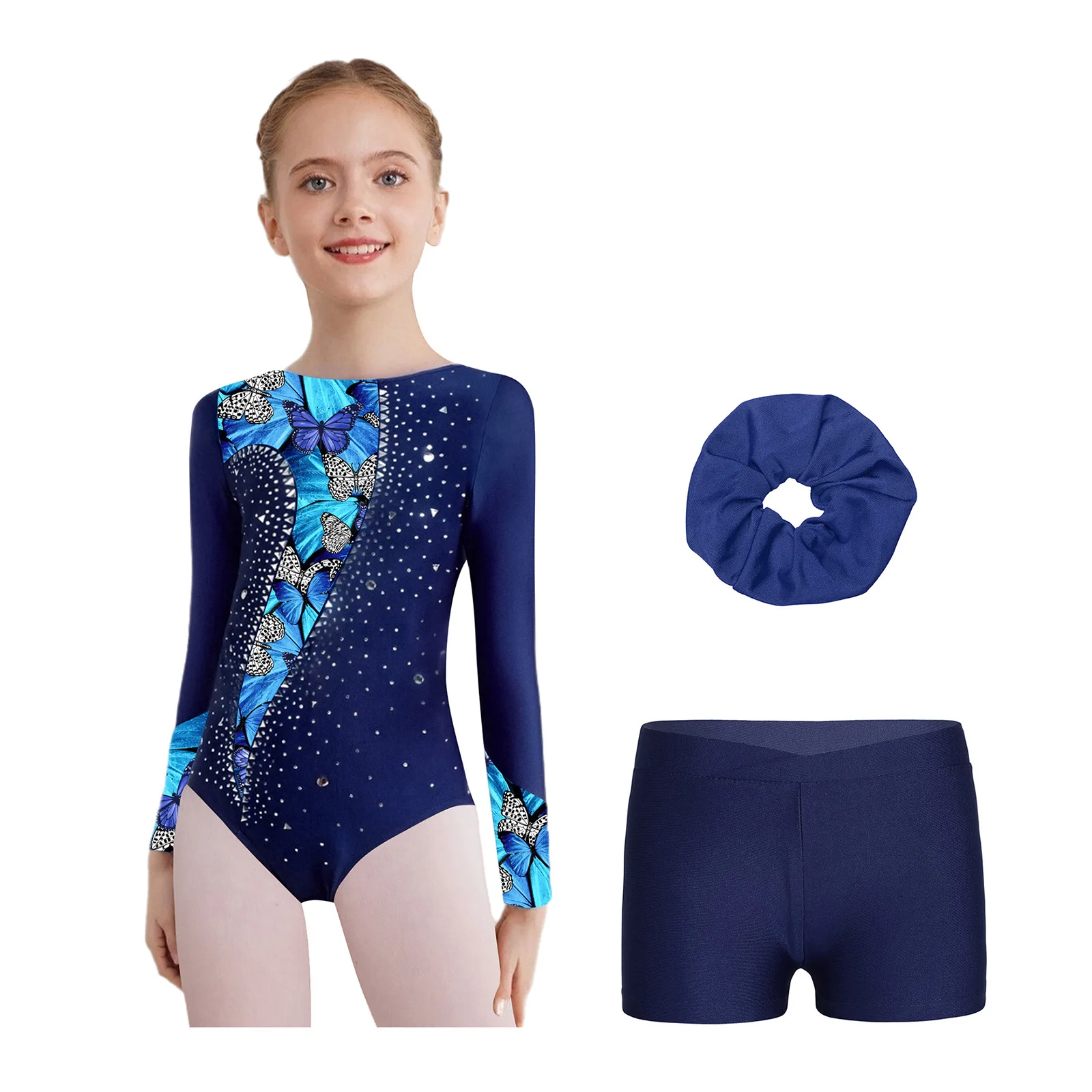 أطفال بنات كم طويل الجمباز ملابس يوتار تجريب ارتداءها مع السراويل مجموعة عصابات رأس رياضية أداء الرقص زي