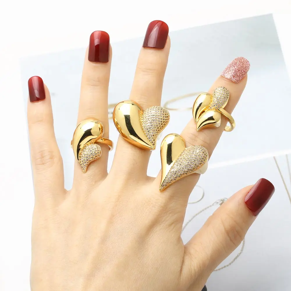 OCESRIO Fashion Polish Heart Statement Rings for Women Copper Gold Plated White Crystal Wide Open Ring Women Jewelry righ03