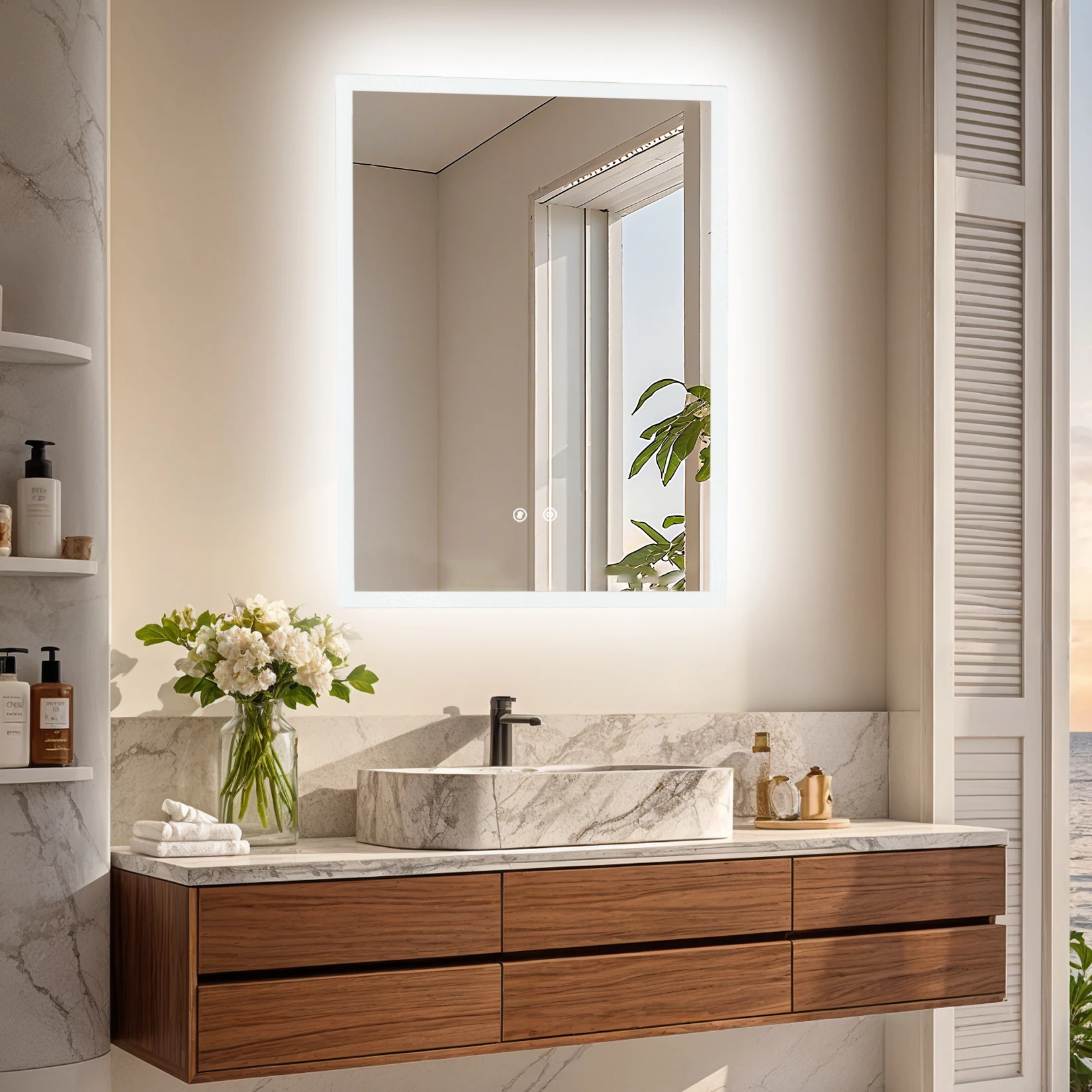 LUVODI Illuminated Bathroom Makeup Mirror,Modern Wall Mounted Bathroom Vanity Mirror Lighted Makeup Mirror with Three Colors Temperature,Fogless,Waterproof IP44