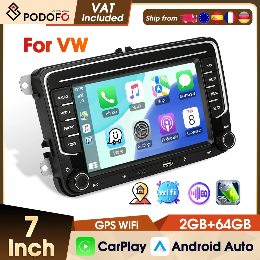 Autoradio stereo Android Podofo 7" 2+64G con CarPlay per Volkswagen VW Golf Passat JETTA Skoda SEAT, sistema intelligente per auto 2Din GPS WIFI FM RDS