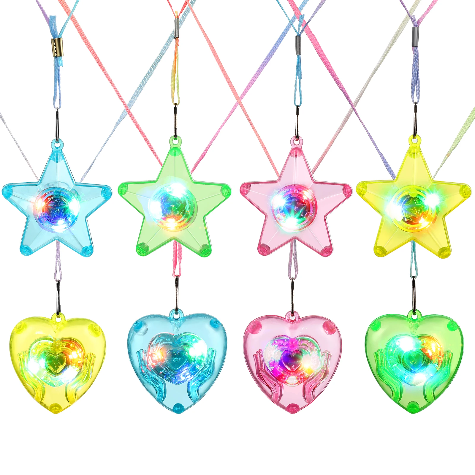 

8Pcs LED Necklace Light Up Star Heart Pendant Sparkling Flashing Long Detachable Lanyard Glow Necklaces for Party Kids Adults