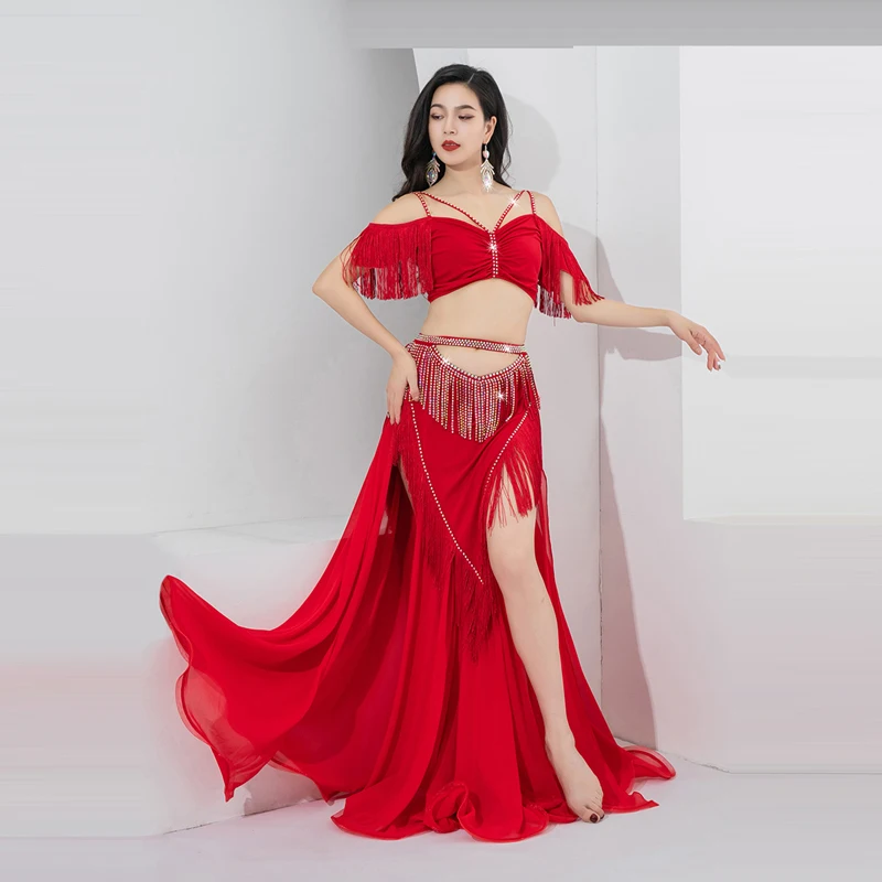 

Dance Original Light Luxury Belly Dance Costume Practice Set High Waist Hollow Hot Diamond Tassel Group Performance Costume