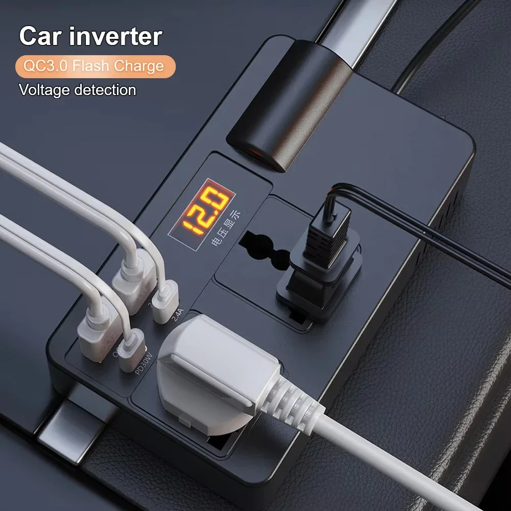 200W DC 12V/24V zu AC 220V Konverter Auto-Wechselrichter Auto-Stromadapter Konverter 7 Anschlüsse QC3.0 Typ-C USB-Ladegeräte AC-Steckdose – Detail 2
