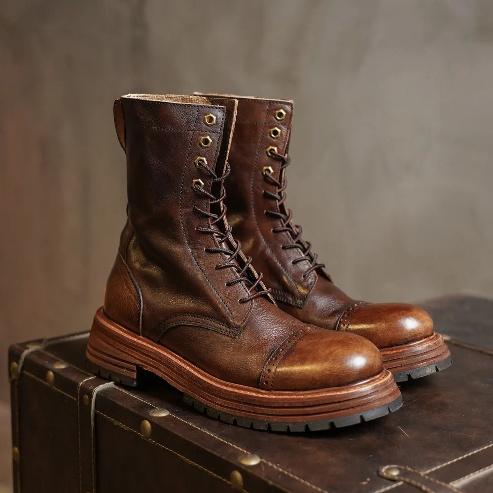 

Fashion Men's Genuine Leather Motorcycle Boots Brogue Shoes Retro High Round Toe Mid-calf Thick Heel Western Chelsea Boots