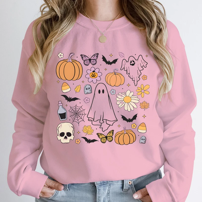 Halloween Ghost Pumpkin Print Sweatshirts Crew Neck Hoodless Pullover Ladies Casual Sweatshirt Long Sleeves Pullovers