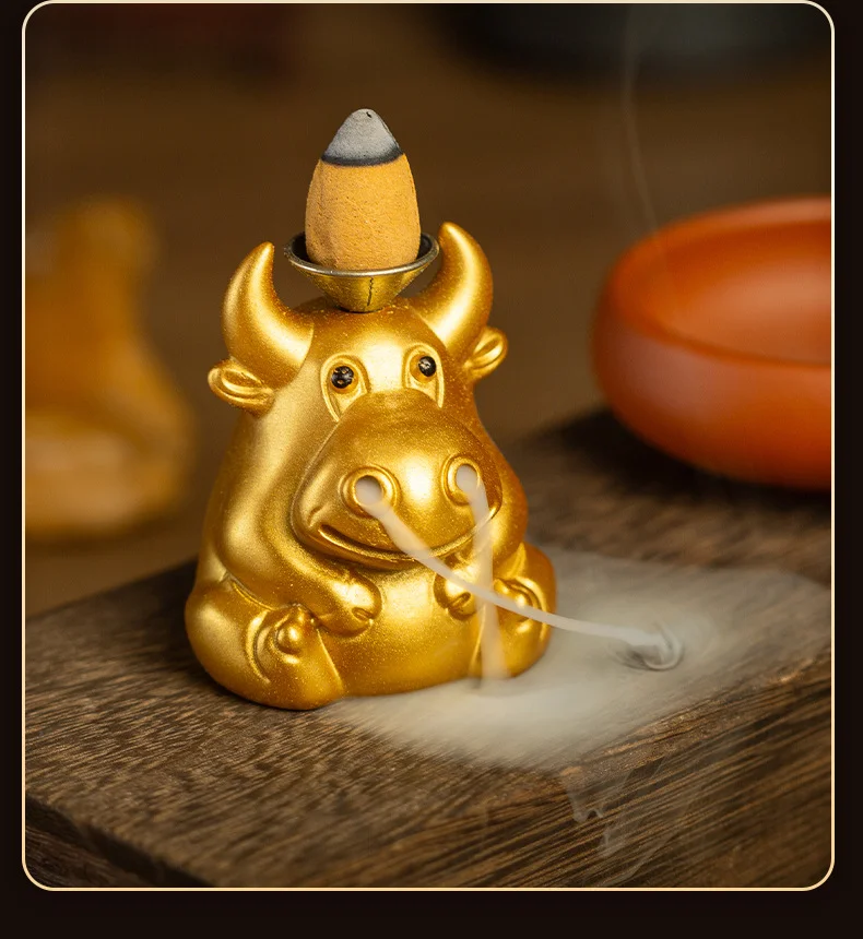 

Golden Ox Backflow Incense Burner Creative Aromatherapy Censer Home Office Decor Incense Holder Ornament