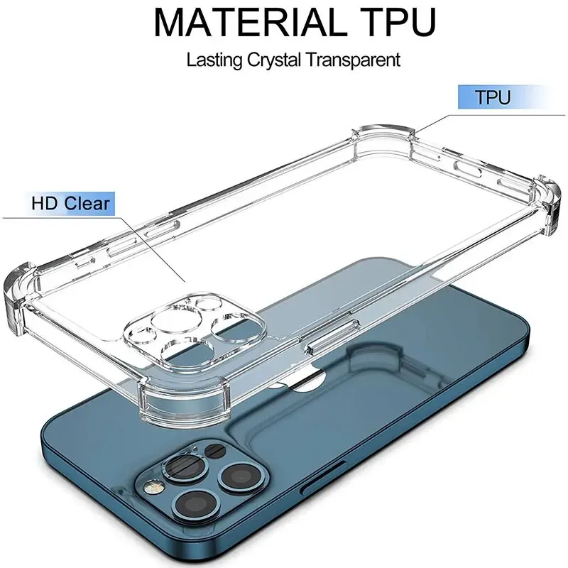 Thick Shockproof Silicone Clear Phone Case For iPhone 15 14 Plus 13 12 11 15 Pro Max Lens Protection Case Soft Bumper Back Cover