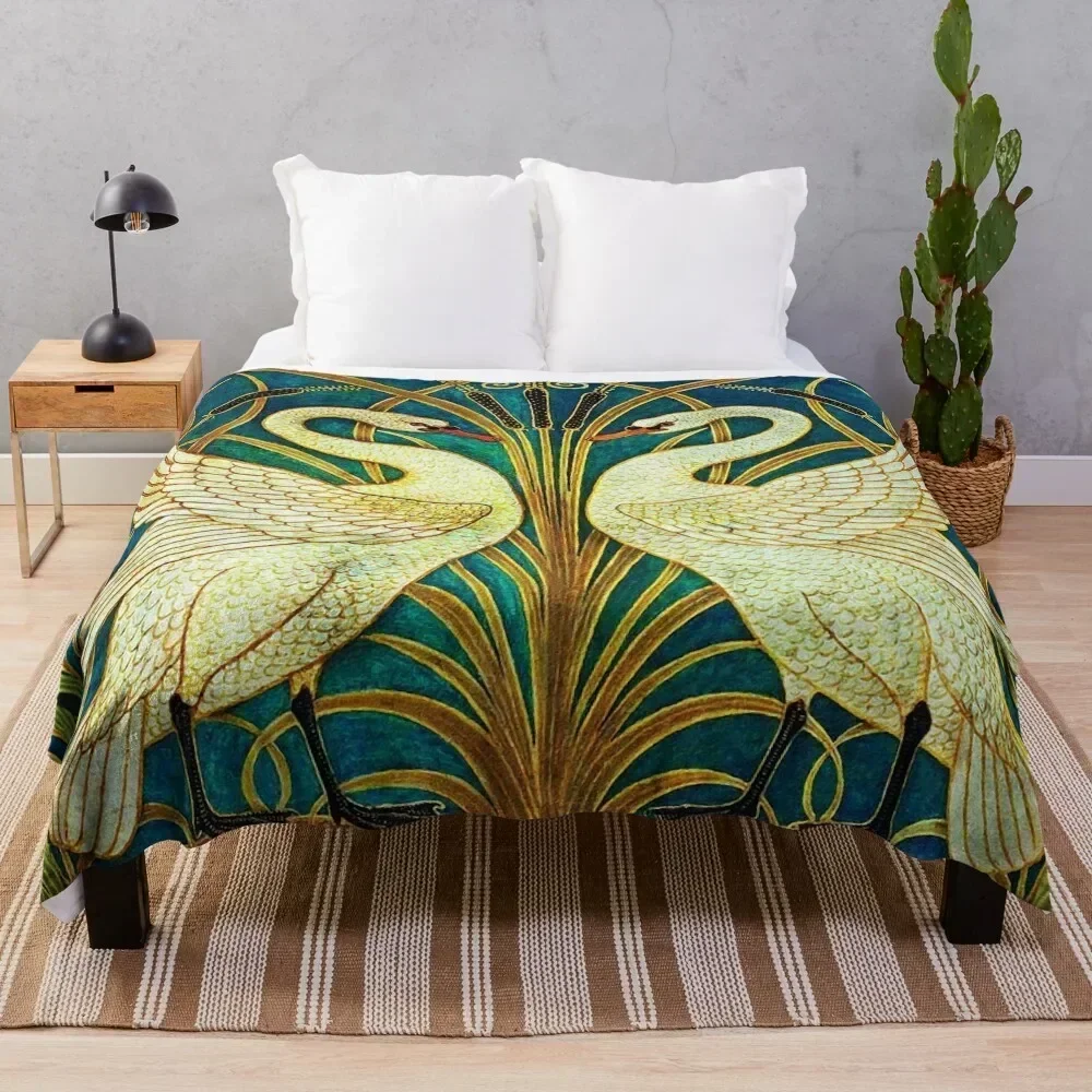

TWO WHITE SWANS AMONG REEDS IN BLUE Art Nouveau Animals Throw Blanket Warm Plush Fuzzy Blanket for Living Room
