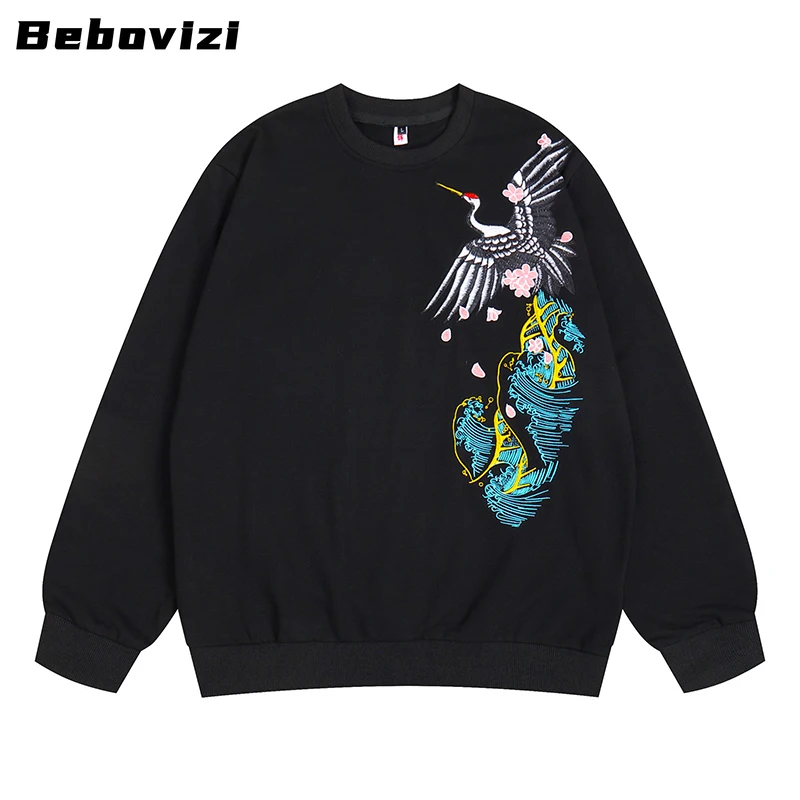 Men Streetwear Hip Hop Crane Embroidery Retro Vintage Black Sweatshirt Pullover 2025 Harajuku Japanese Style Sweat Shirt