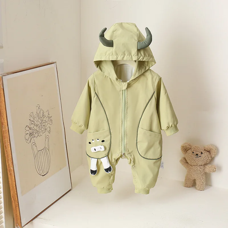 Spring Autumn Hooded Baby Rompers Fleece Thick Windproof Jumpsuit for Baby Boys & Girls Newborn Outdoor Outfit With 3D Horns