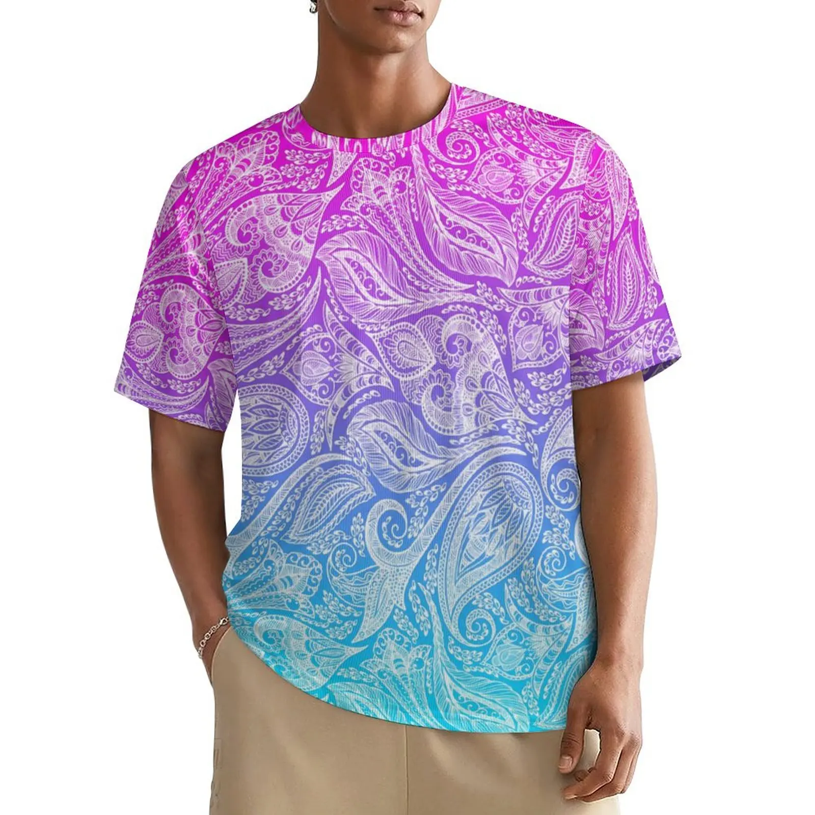 

White Floral Paisley T Shirt For Man Ombre Print O Neck T Shirts Beach Hippie Tops Short Sleeve Plus Size Tee Shirt Gift Idea