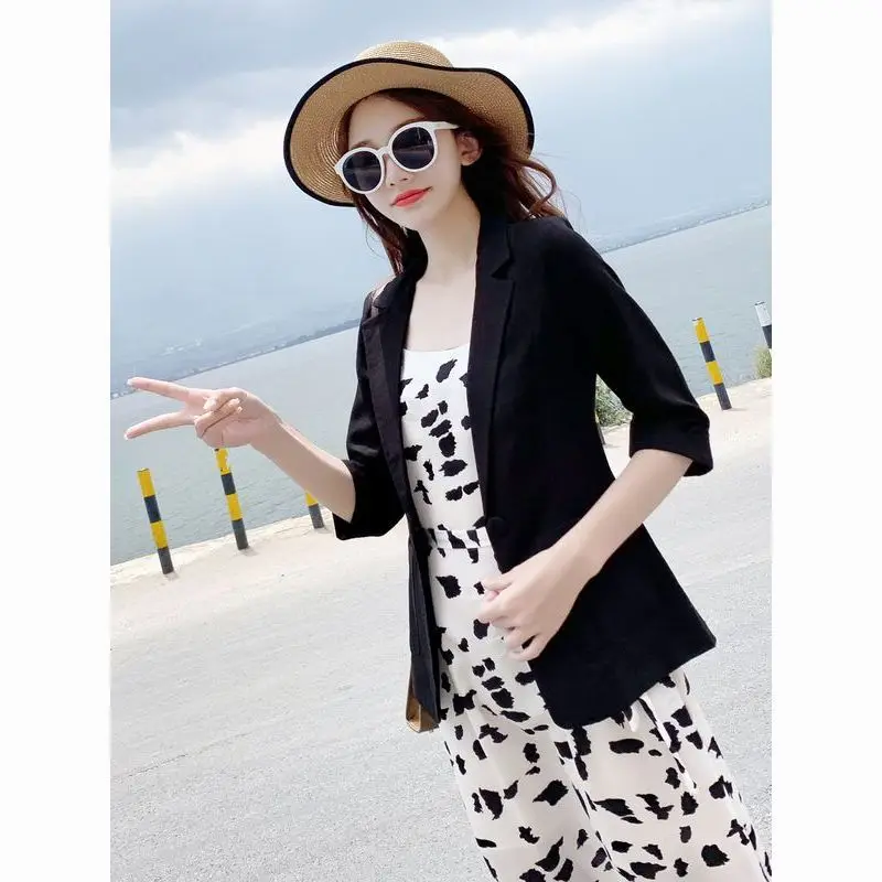 بدلة نسائية من الكتان خفيفة الوزن لربيع وصيف جديد Sle مقاس صغير في منتصف العمر سبعة أرباع Sve قطن كتان - غربي...