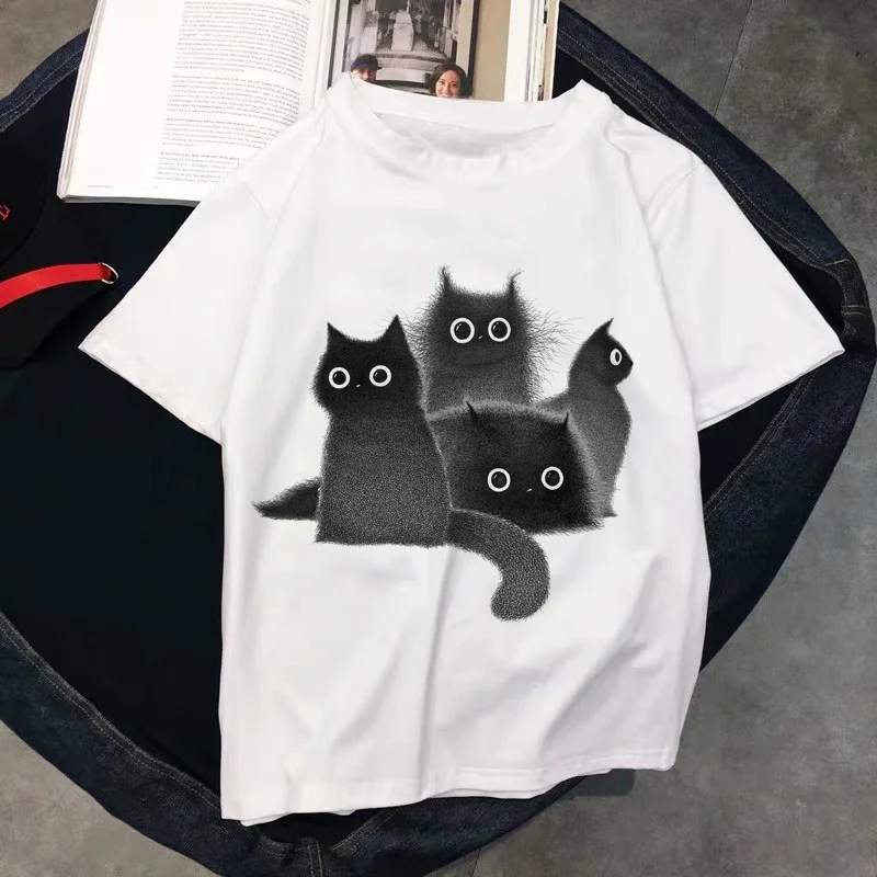 Women's White Crew Neck T-shirt, Lightweight and Breathable with A Cute Cat Print.graphic Aesthetic Clothes Summer Streetwear