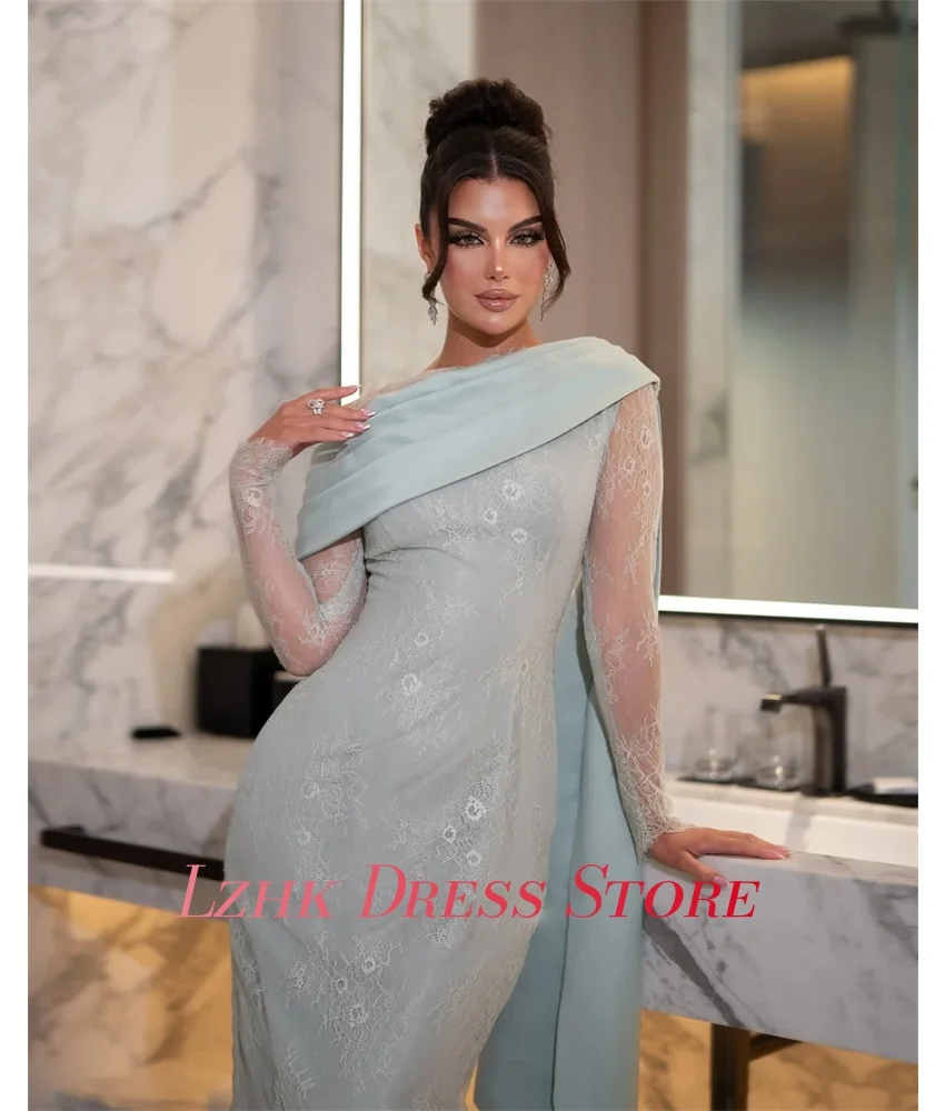 Abito da sera sexy personalizzato in jersey di pizzo Maniche lunghe di alta qualità O-collo Lunghezza pavimento فسات Бmaveraات Formato personalizzato