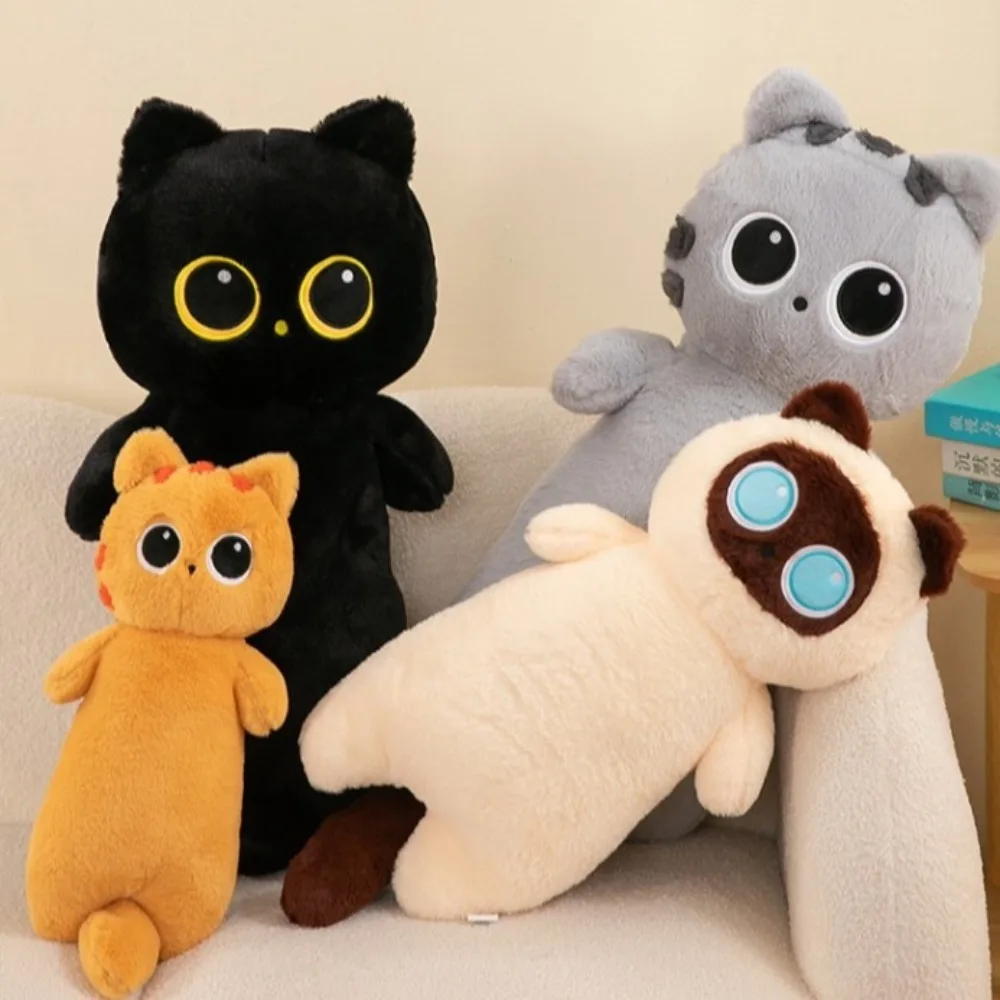 Cute Cartoon Black Siamese Cat Plush Simulation Fluffy Animal Bolster Pillow Kawaii PP Cotton Cat Stuffed Plushie Home Decor