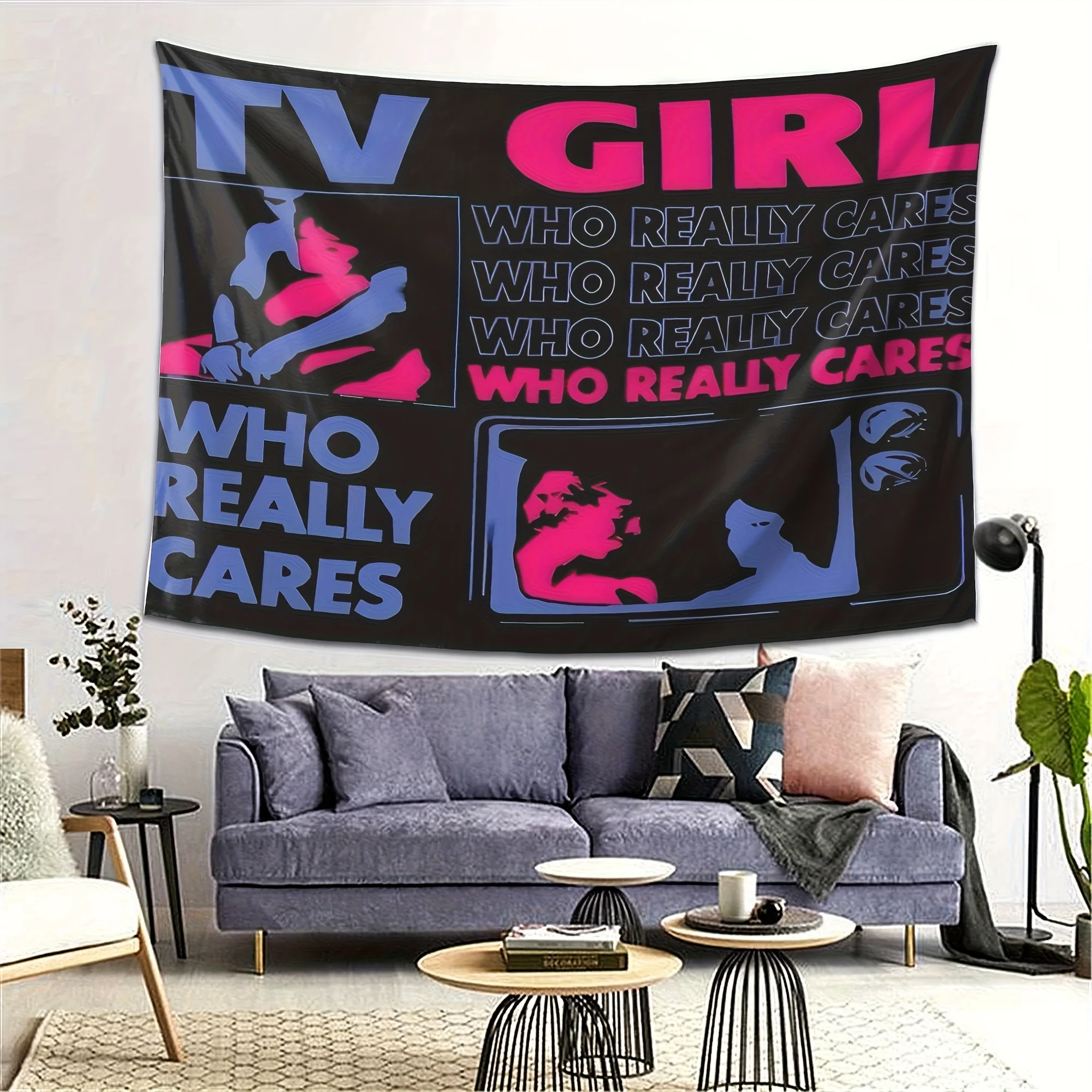 VIKAMA “TV GIRL” Blue-Pink Couple Print Tapestry, Valentine's Day Wall Hanging For Bedroom, Living Room, Aesthetic Home Decor