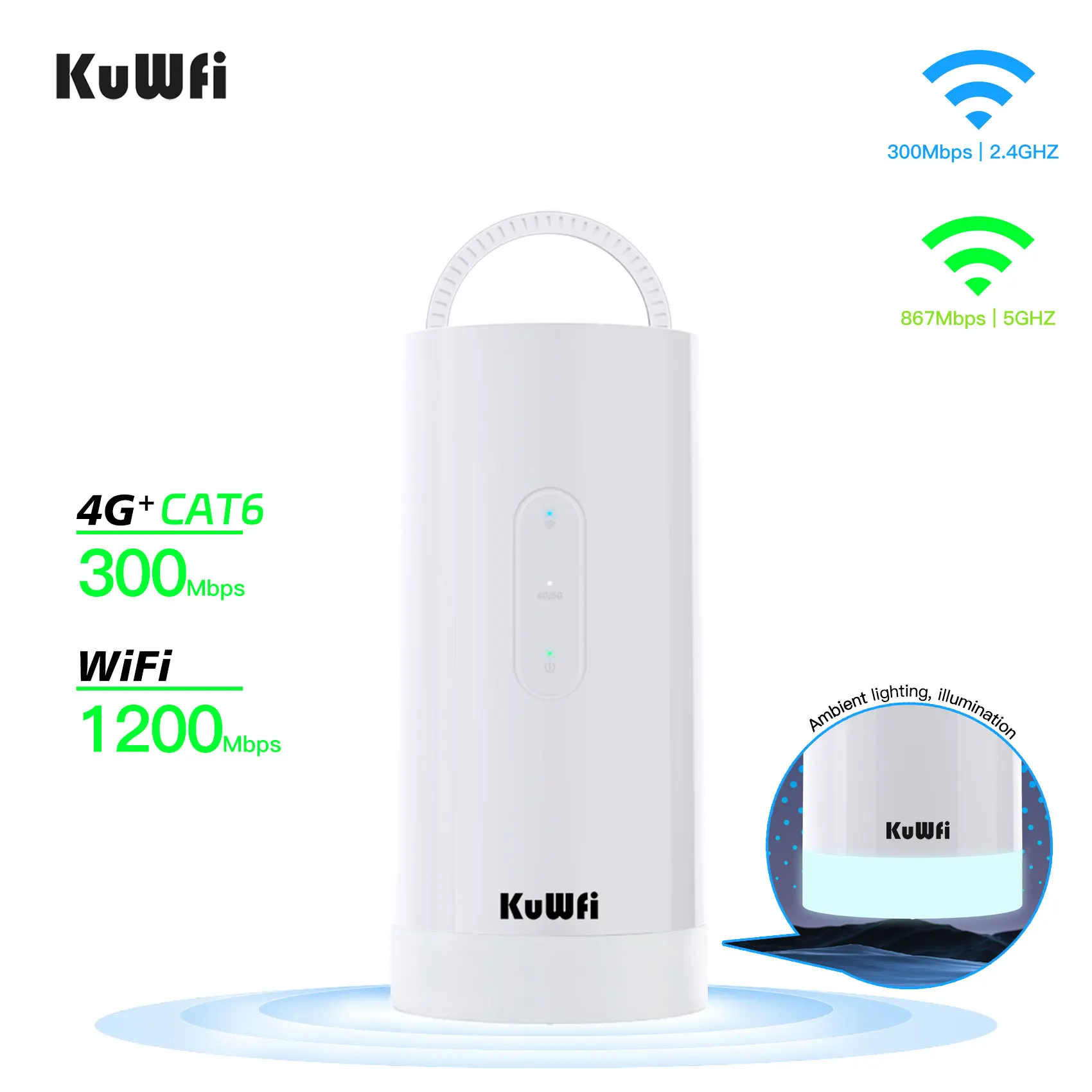 KuWiFi C290 4G+ LTE Mobile WiFi Router - 300Mbps High-Speed, 10000mAh 50Hrs Battery, 5-Color RGB Lighting， Portable，SIM Slot，