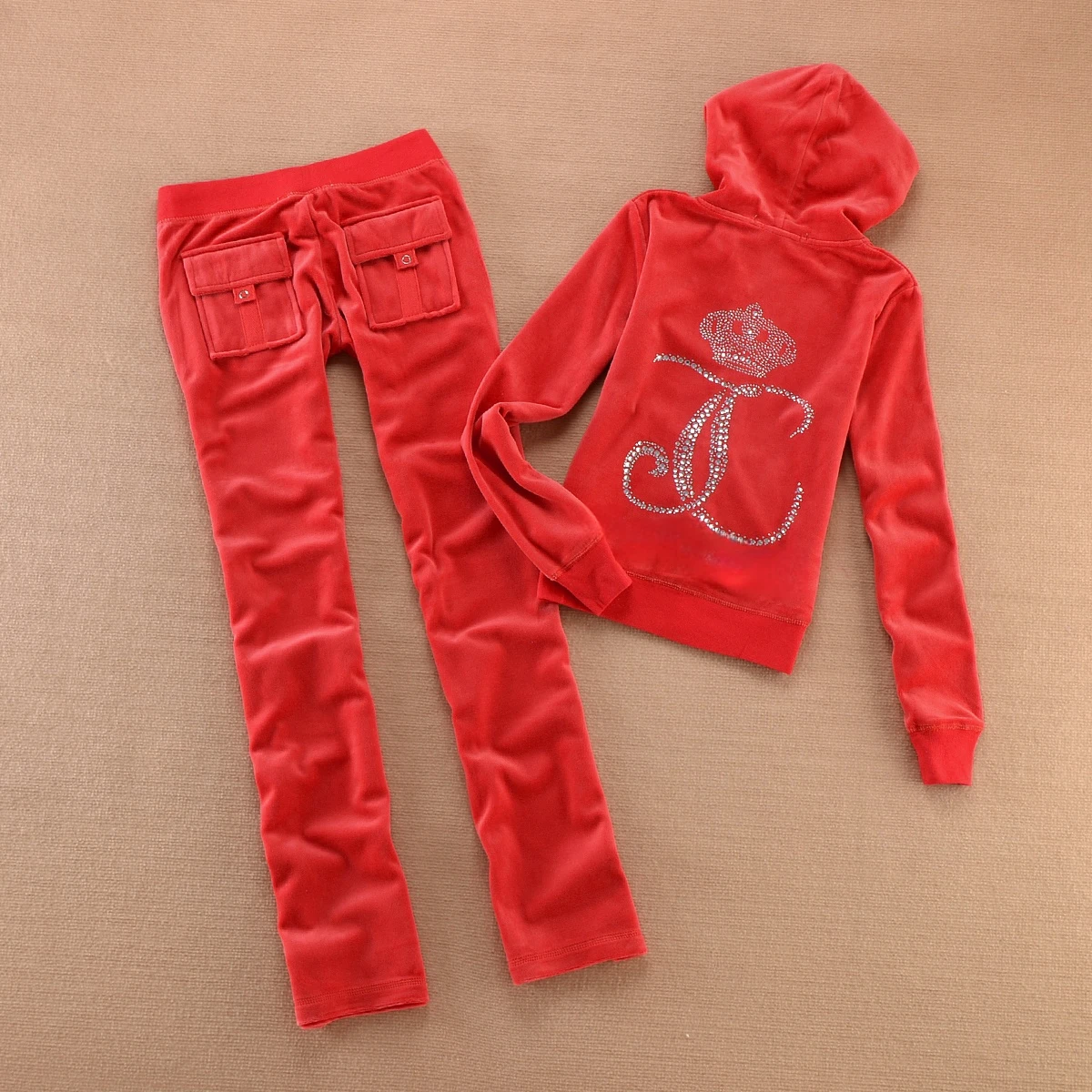 2025 High Quality Winter Velvet Ladies Tracksuit Solid Color Crown Crystal 3D Decoration Hoodie Sportswear Casual Trousers 2pcs