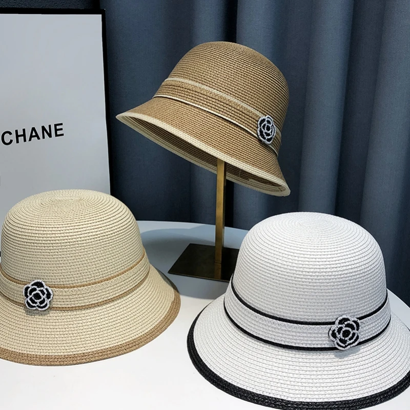 Japanese Ins Bucket Hat Summer Sunscreen Plain Fisherman's Cap Seaside Vacation Elegant Camellia Show Face Small Sun Hats Woman