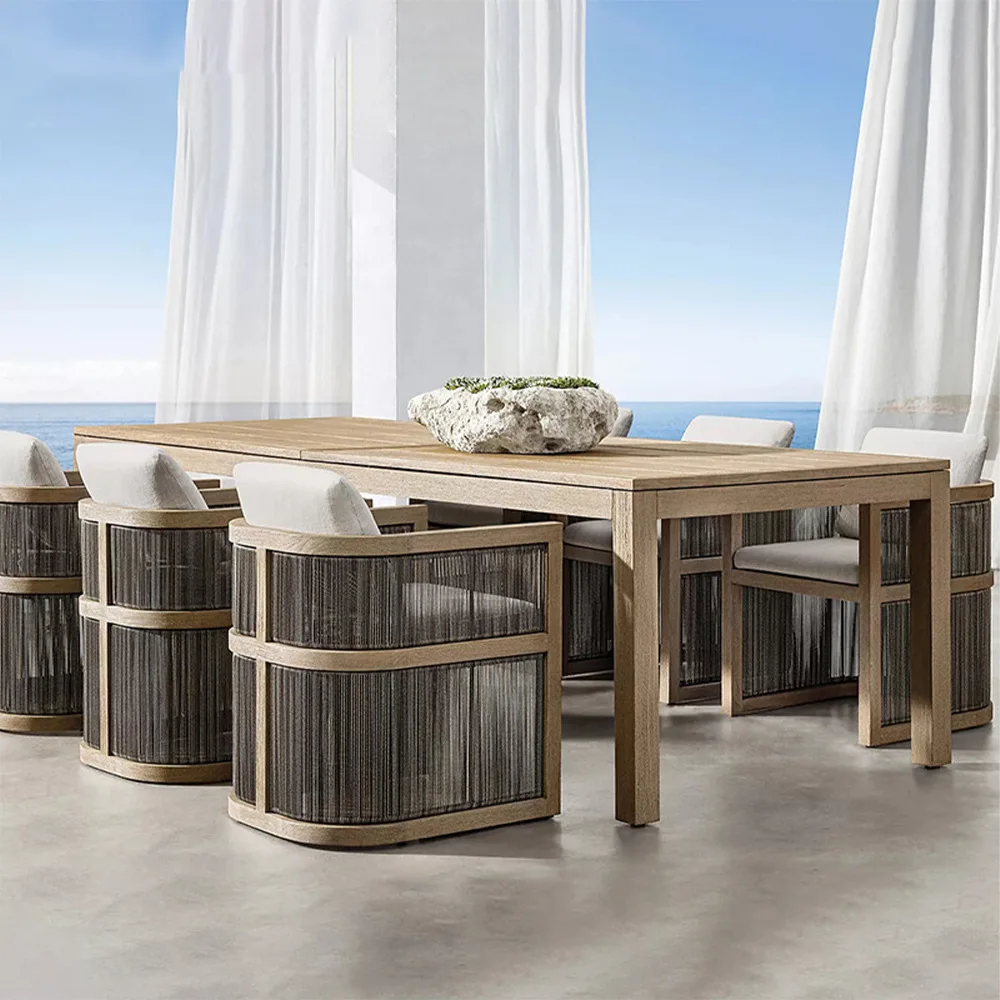 #Outdoor Teak Furniture Garden Use Country Style 6 Seaters Dining Table Set Solid Wood